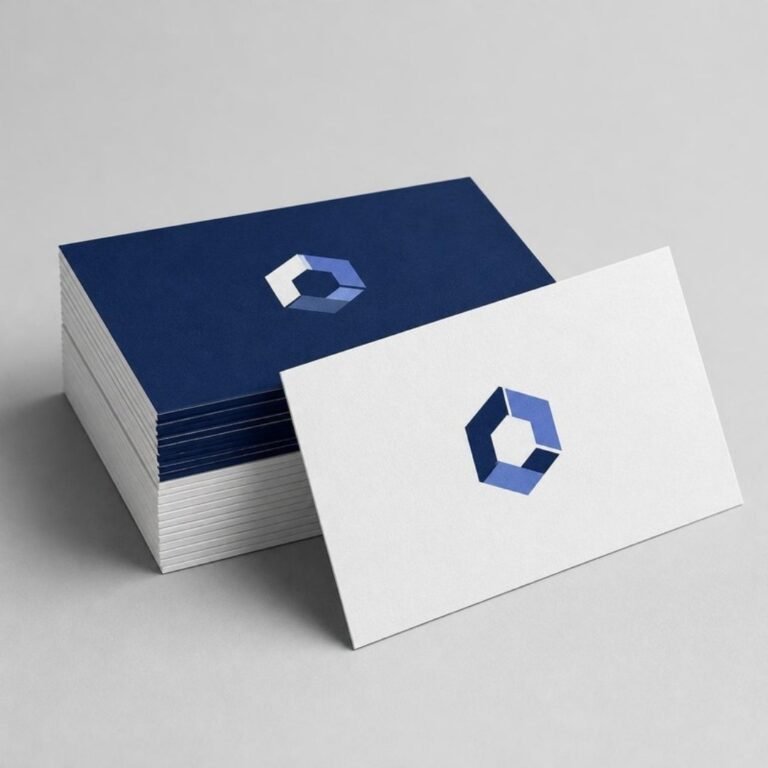 Stack of blue and white business cards