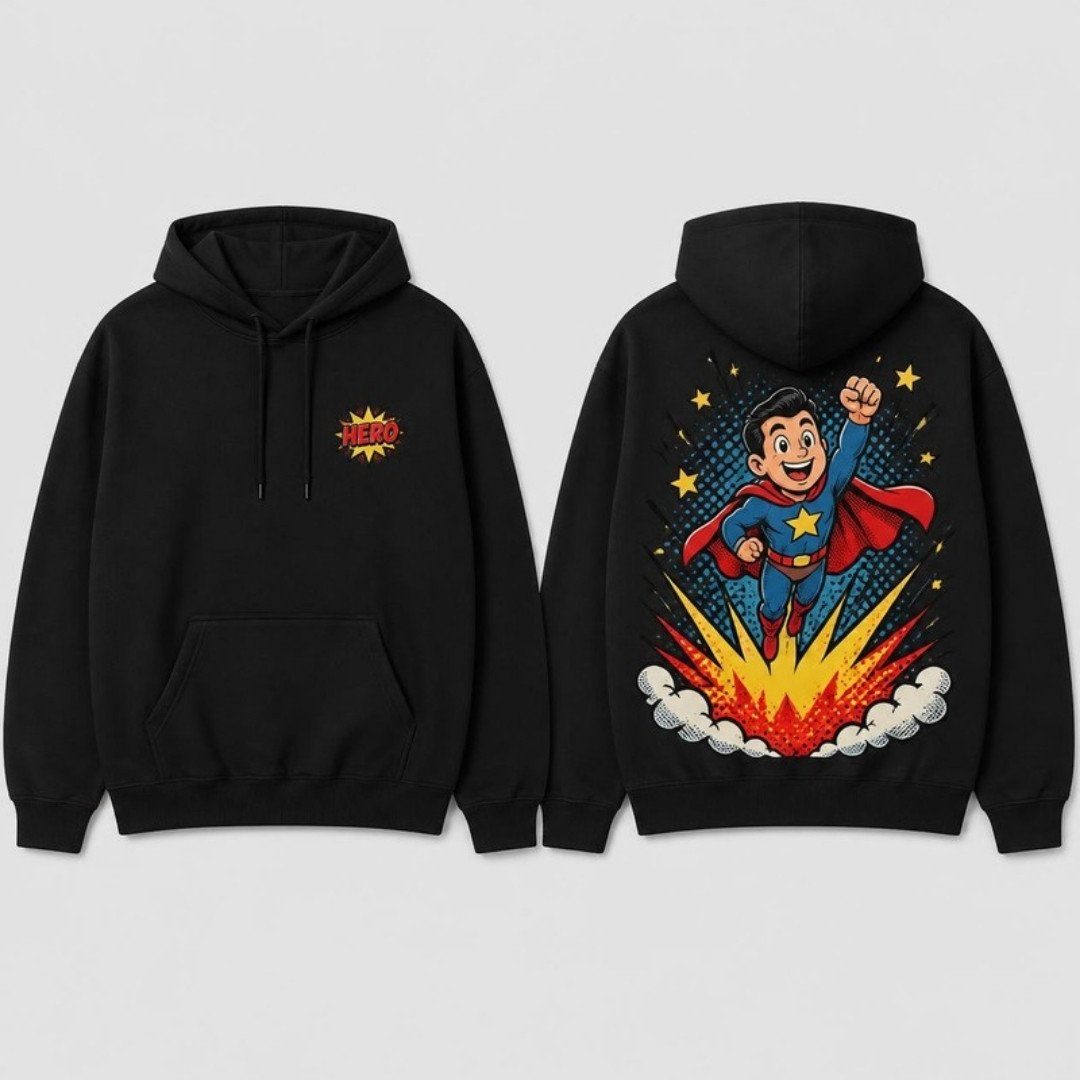 Comic Hero Burst Hoodie printed hoodie, front and back