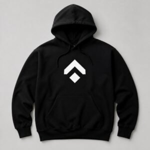 Black hoodie with a printed logo