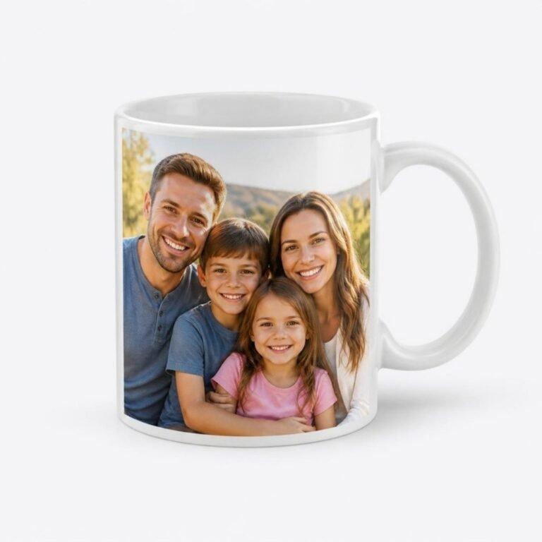 Custom photo mug printed with a family photo