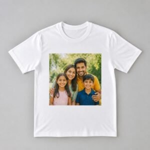 White t-shirt printed with a family photo