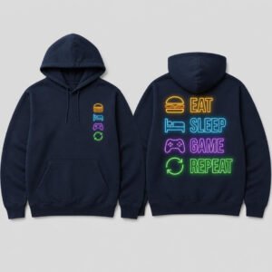 Eat Sleep Game Repeat Hoodie printed hoodie, front and back