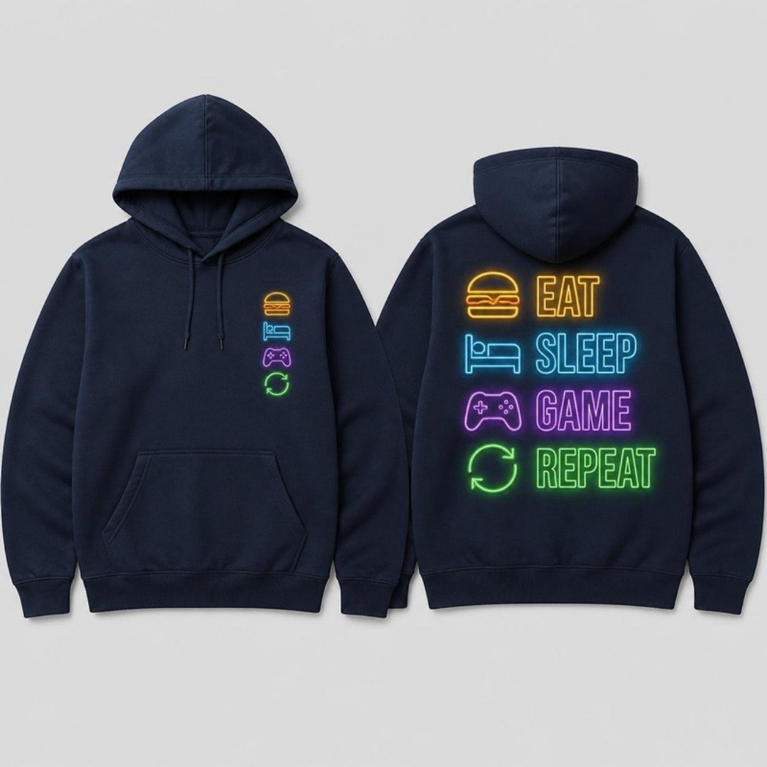 Eat Sleep Game Repeat Hoodie printed hoodie, front and back