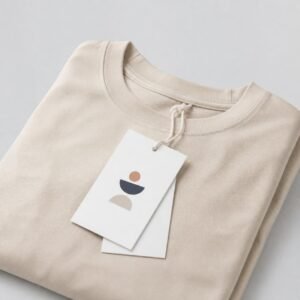 Clothing hang tags on a folded shirt