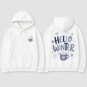 Hello Winter Hoodie printed hoodie, front and back
