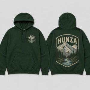 Hunza Mountains Hoodie printed hoodie, front and back