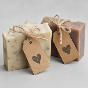 Kraft heart tags on handmade soaps