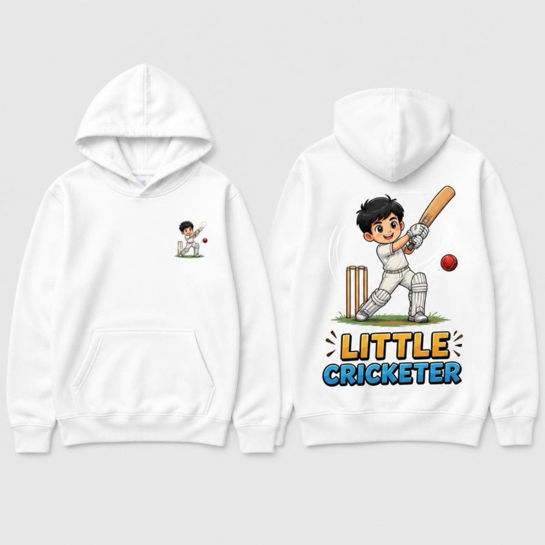 Little Cricketer Kids Hoodie printed hoodie, front and back