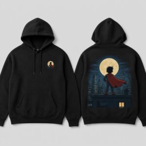 Masked Hero Silhouette Hoodie printed hoodie, front and back