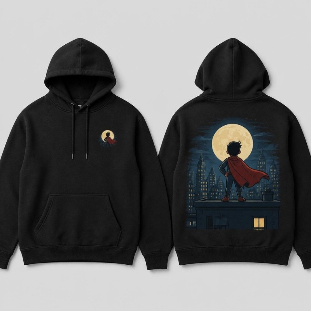 Masked Hero Silhouette Hoodie printed hoodie, front and back