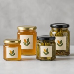 Product labels on honey and pickle jars