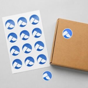 Sheet of round logo stickers and a kraft mailer box